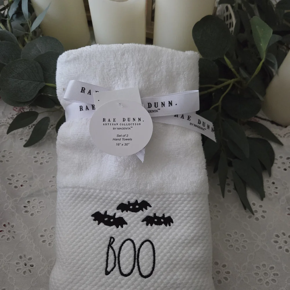 Rae Dunn White Halloween Towel with Boo and Bats